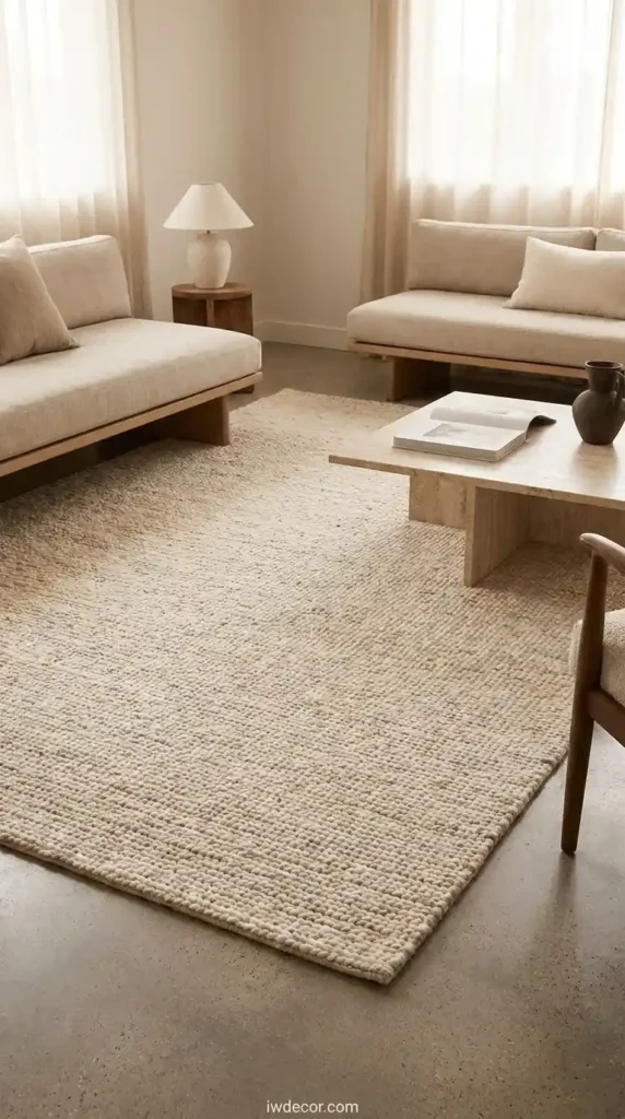 A tactile rug anchors the room and defines space without adding visual chaos.