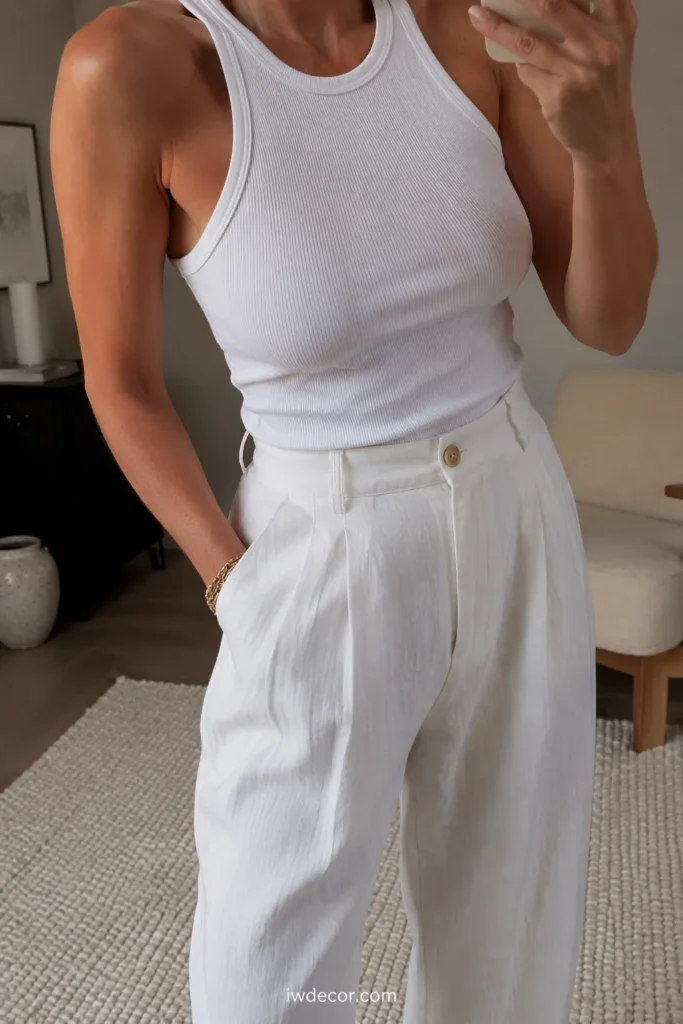 All-White Ensemble: Wide-Leg Trousers + Fitted Tank