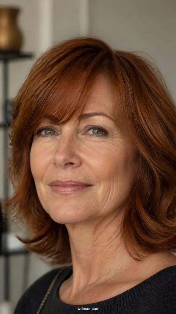 Auburn Shoulder-Length with Side-Swept Bangs