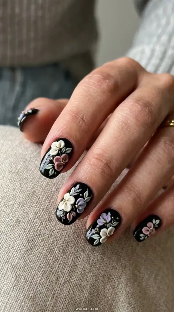 Black Nails with 3D Flowers