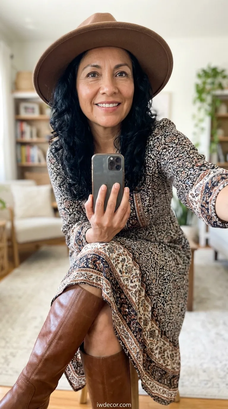 Bohemian Midi Dress with Knee-High Boots