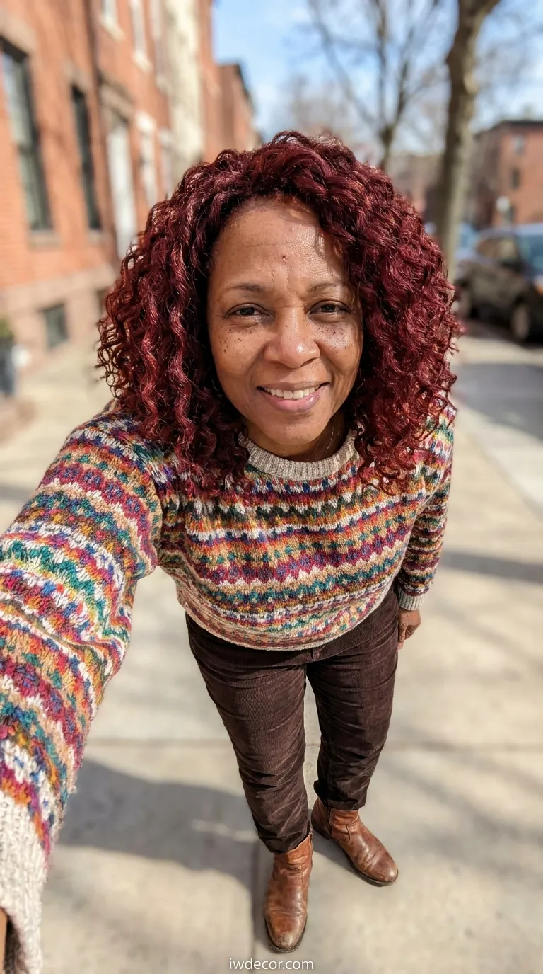 Bright Patterned Sweater with Corduroy Trousers