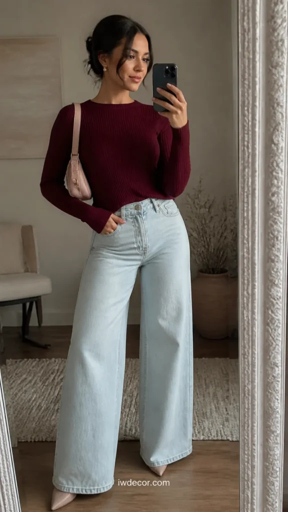 Burgundy Knit Top with Light Wash Wide-Leg Jeans