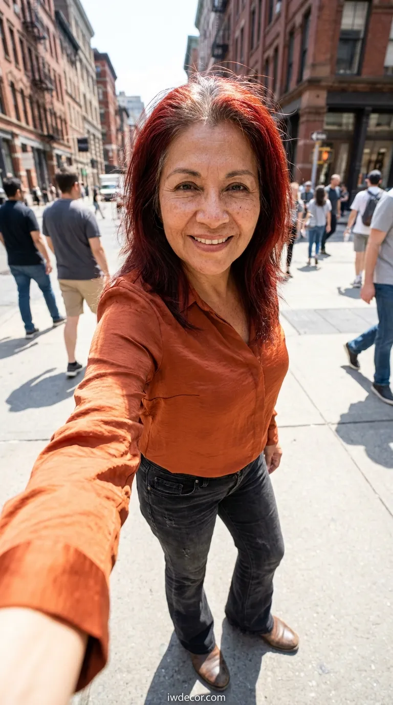 Burnt-Orange Blouse with High-Waisted Flare Jeans