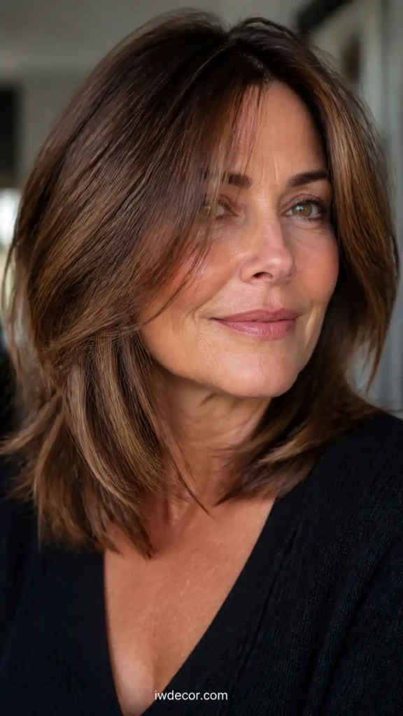 Chestnut Highlighted Long Layered Shoulder Cut