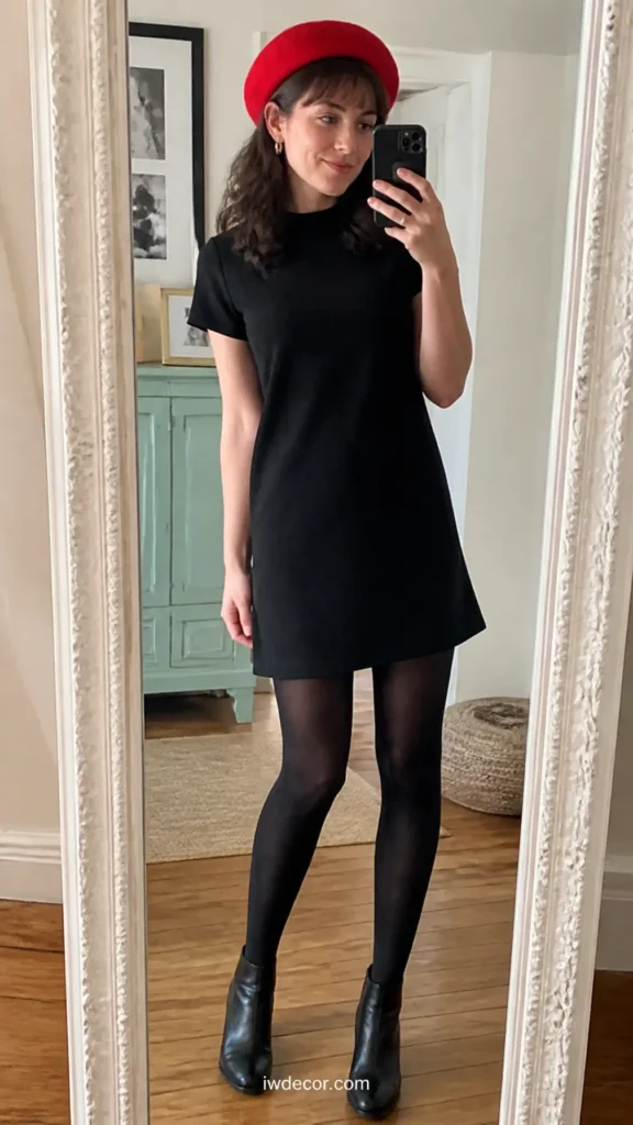 Chic Red Beret with a Simple Black Dress