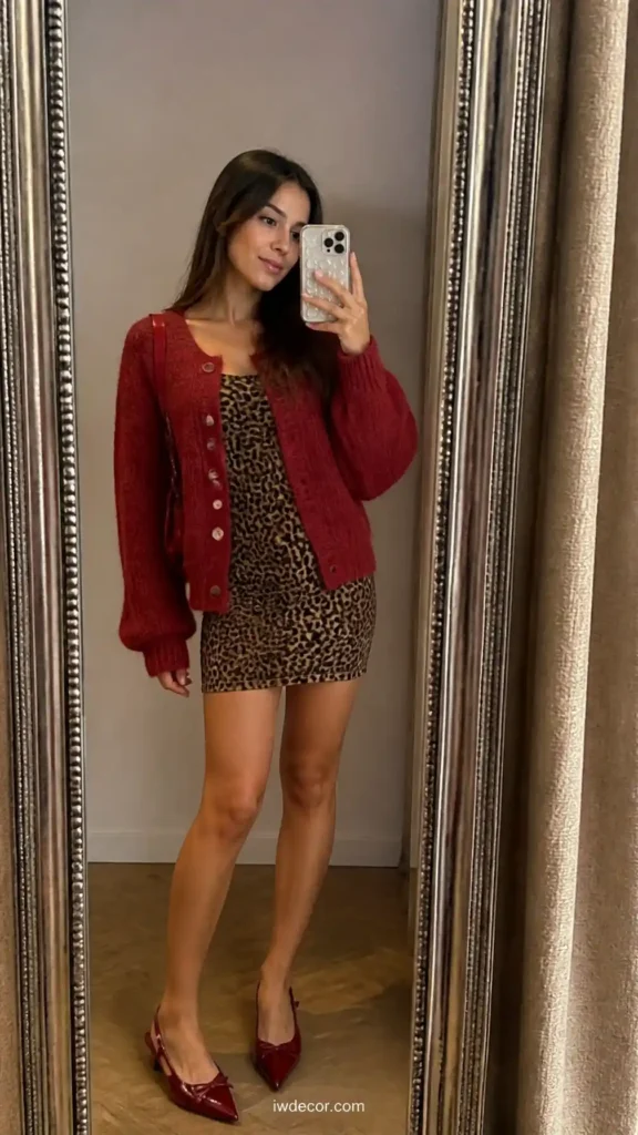 Chunky Red Cardigan with Leopard Print Dress