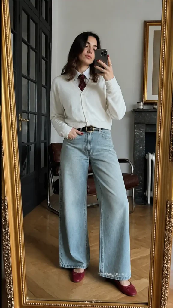 Classic Cardigan & Wide-Leg Denim