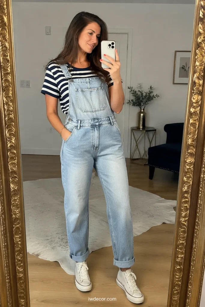 Classic Denim Overalls with a Striped Tee
