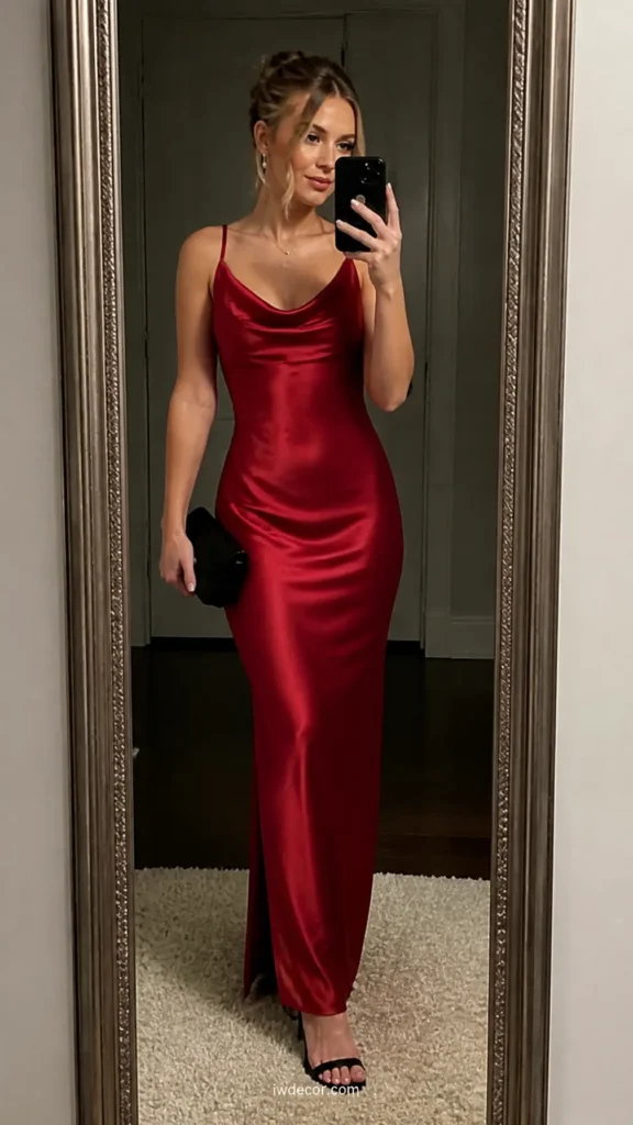Classic Red Satin Evening Gown with Black Heels