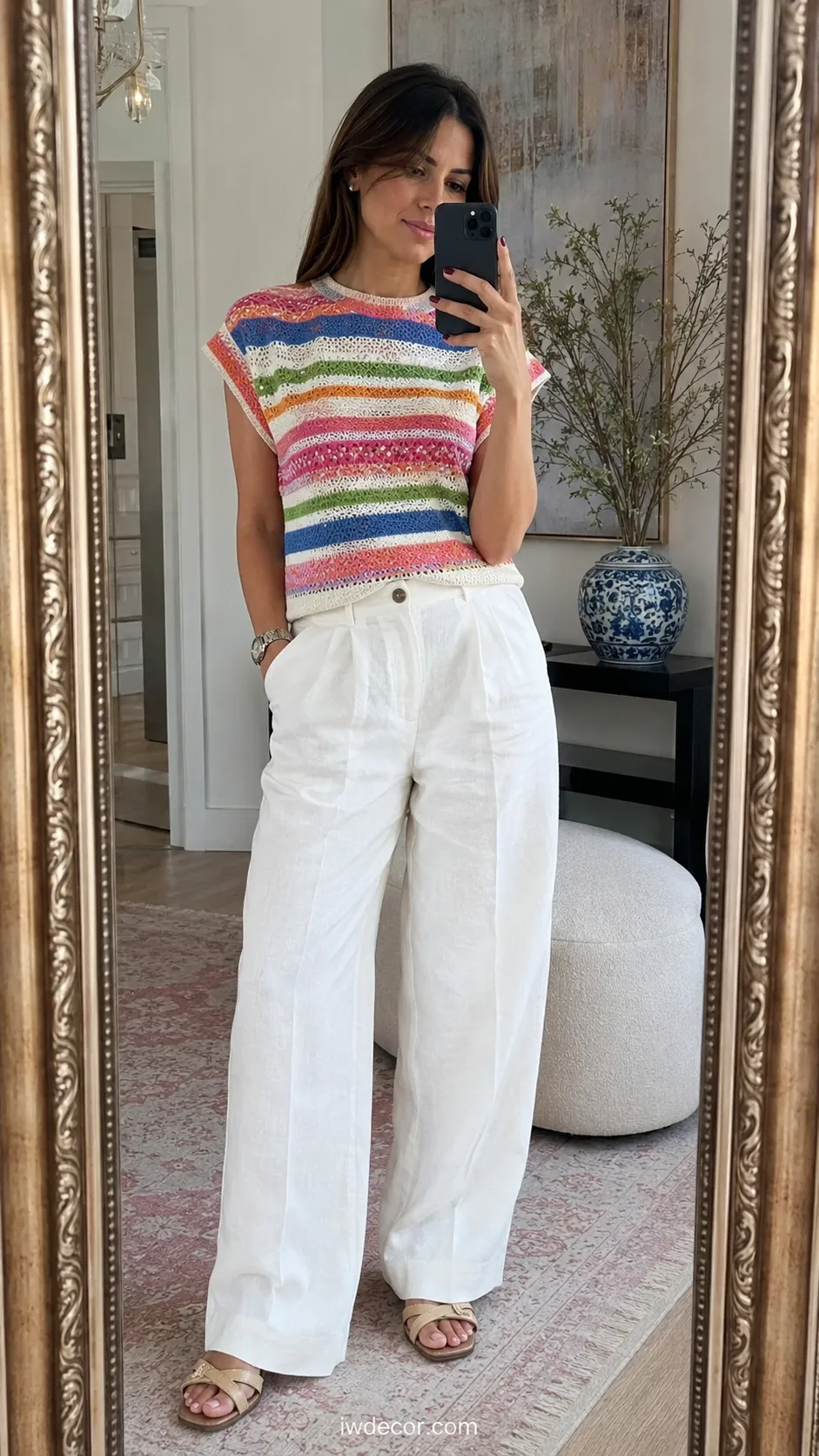 Colorful Striped Knit Top & White Linen Trousers