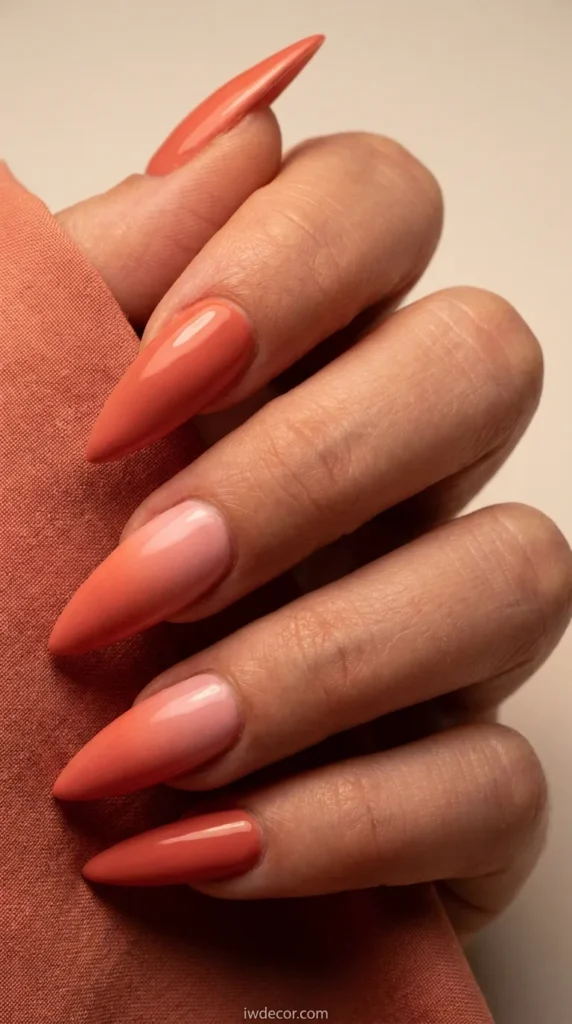 Coral Gradient Stiletto Nails