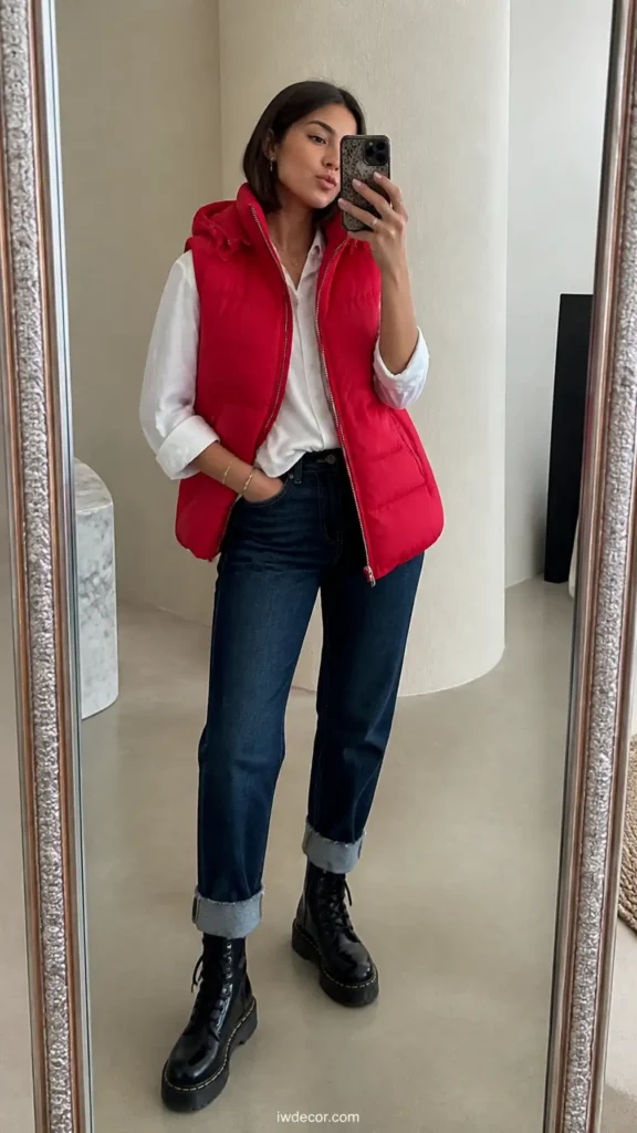 Crimson Puffer Vest with Dark Wash Denim