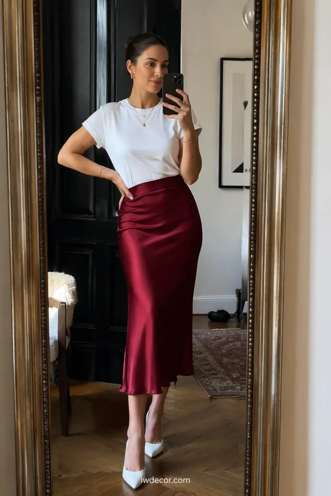 Crimson Satin Midi Skirt with Crisp White Tee