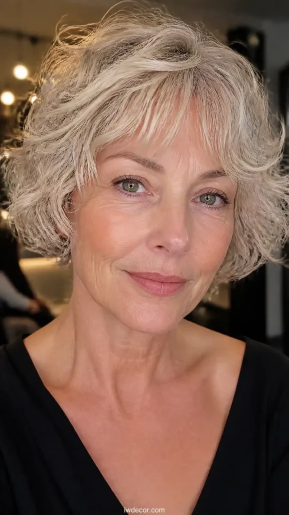 Curly French Bob with Soft Bangs