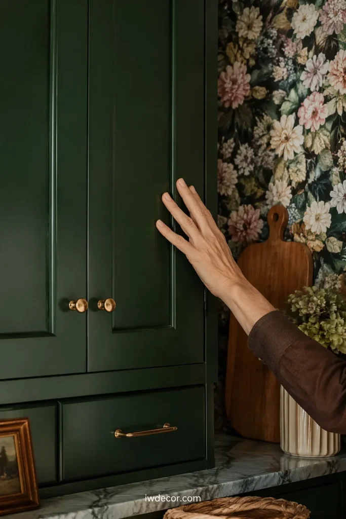 Dark Green Pantry Kitchen with Floral Feature Wall