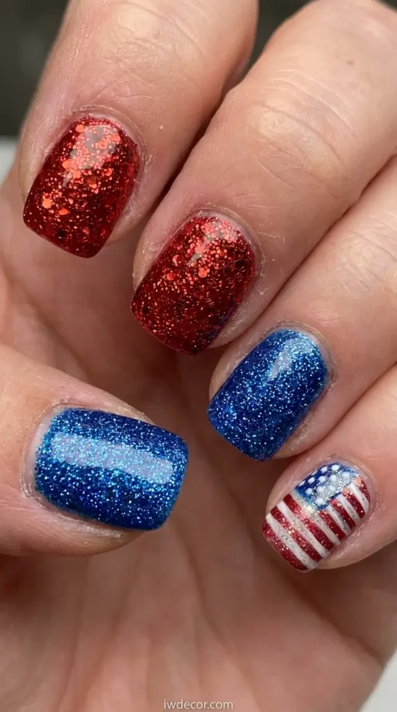 Dazzling Square Glitter Flag Nails