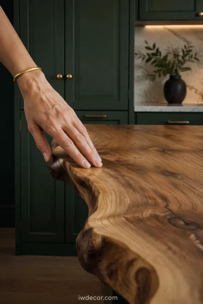 Deep Forest Green Cabinets with a Live-Edge Wood Island