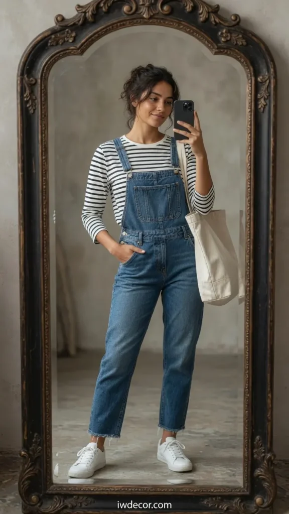 Denim Overalls & Striped Tee