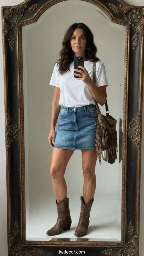 Denim Skirt & Western Boots