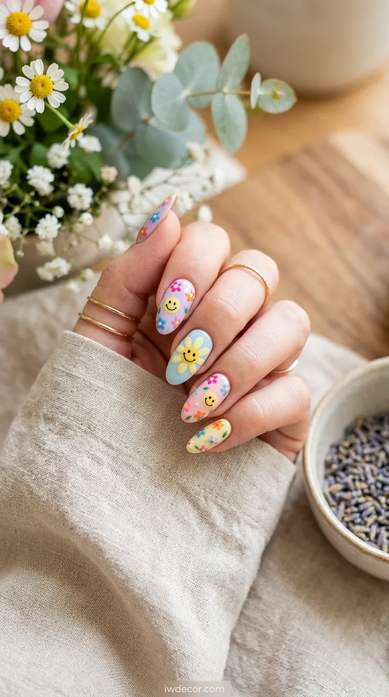 Floral Smiley Face Nails