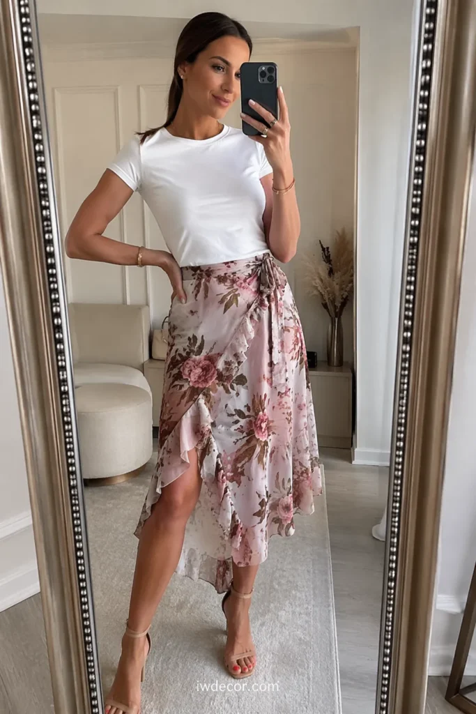 Flowy Floral Midi Skirt + Simple Fitted Tee