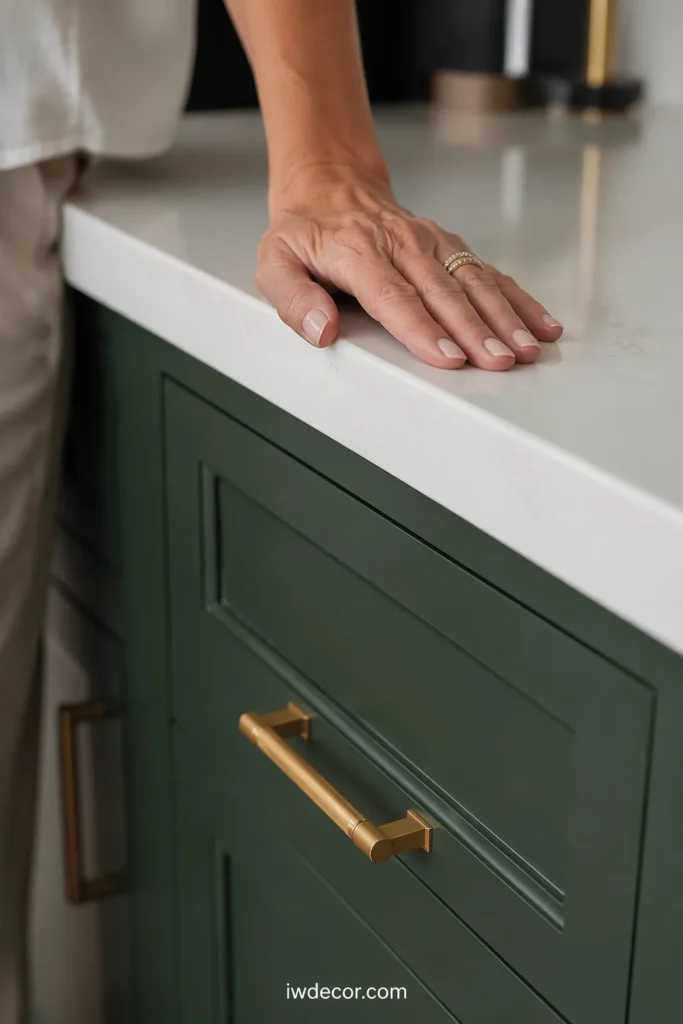Forest Green Kitchen with White Quartz Island