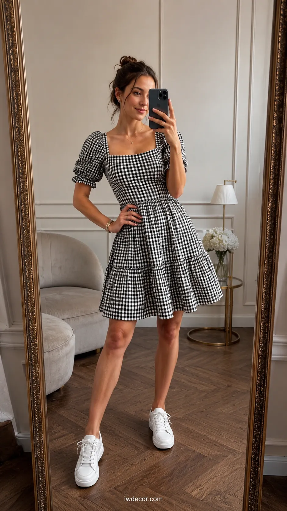 Gingham Dress & White Sneakers