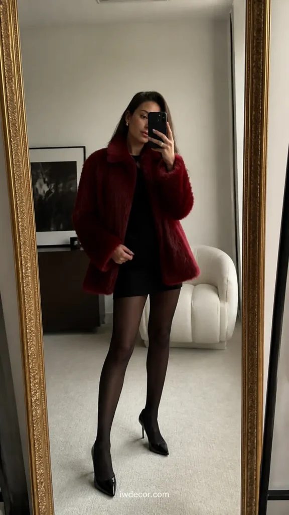 Glamorous Red Faux Fur Coat with a Little Black Dress