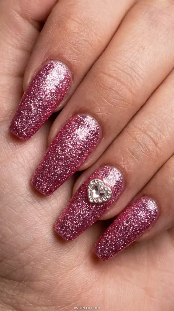 Glittery Pink Coffin with Rhinestone Heart