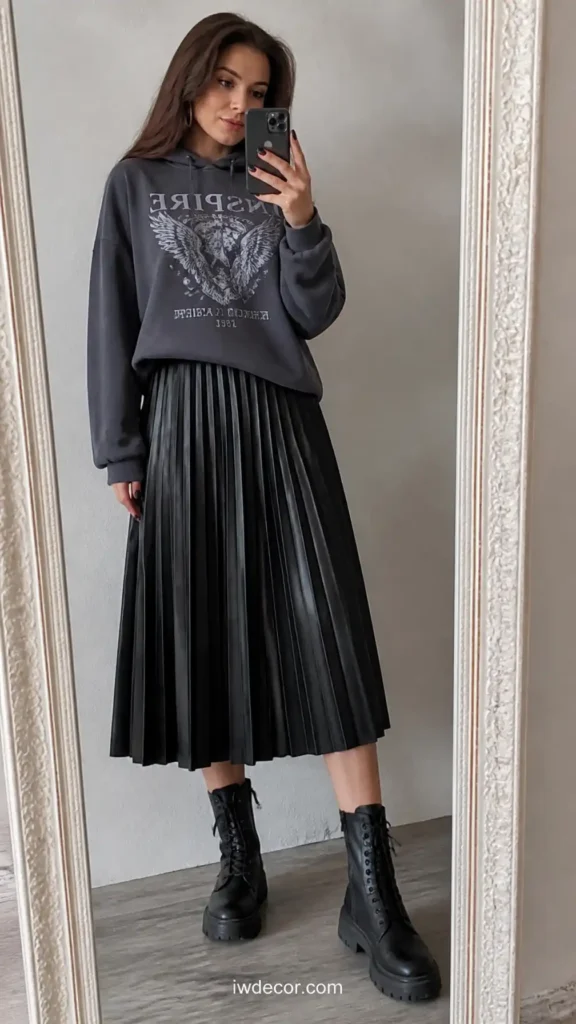 Graphic Hoodie & Pleated Leather Skirt