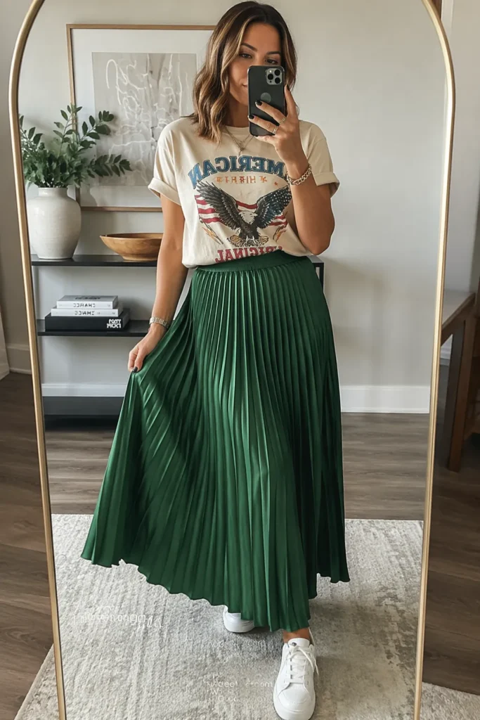 Graphic Tee + Pleated Maxi Skirt + Sneakers