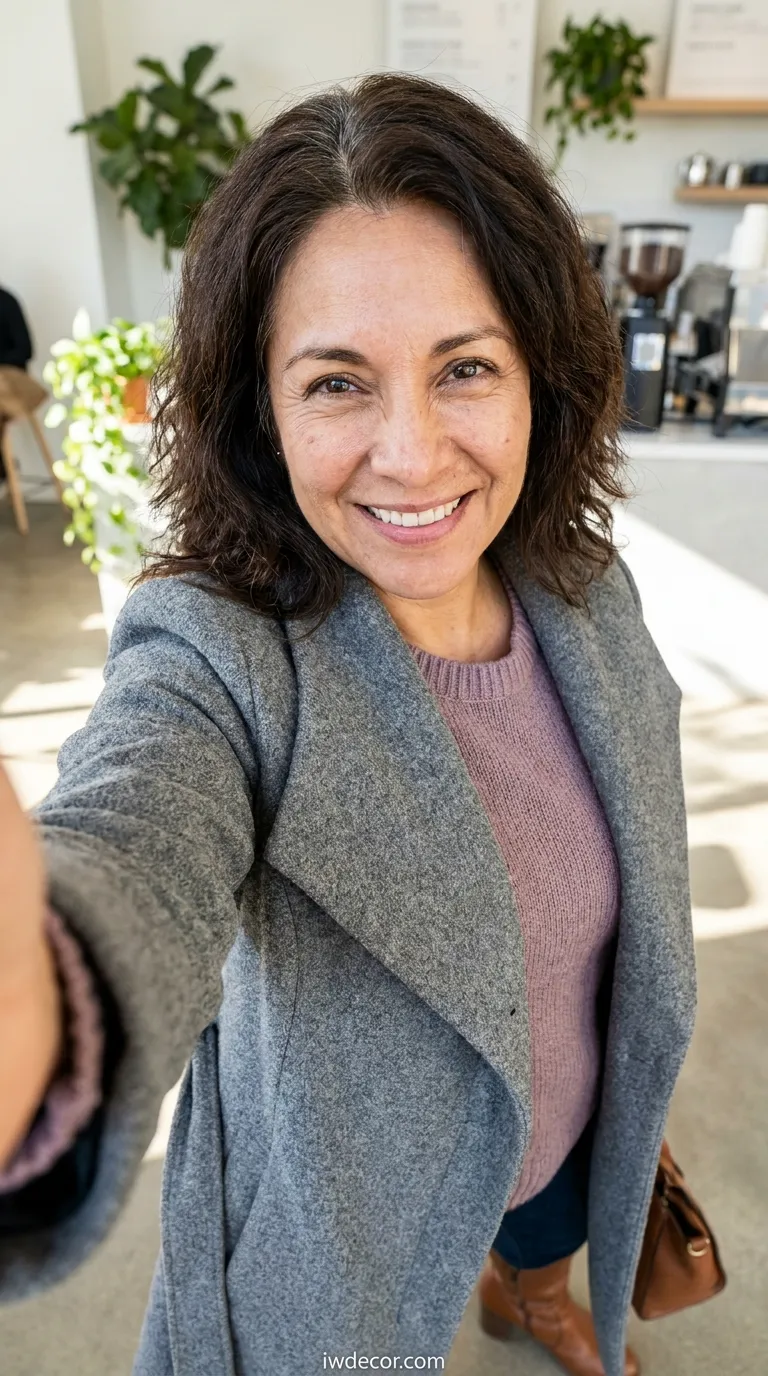 Gray Wrap Coat with Mauve Sweater
