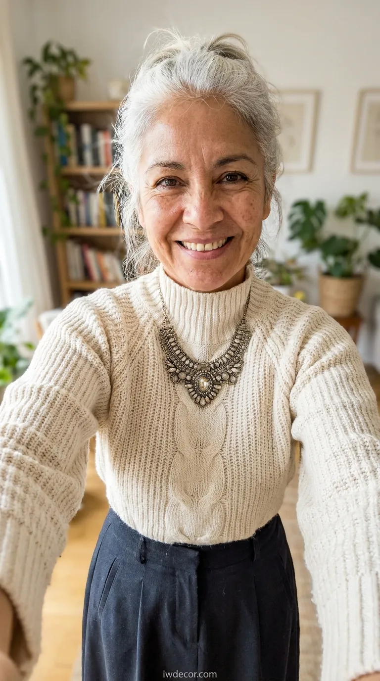 High-Neck Sweater with Statement Necklace and Midi Skirt