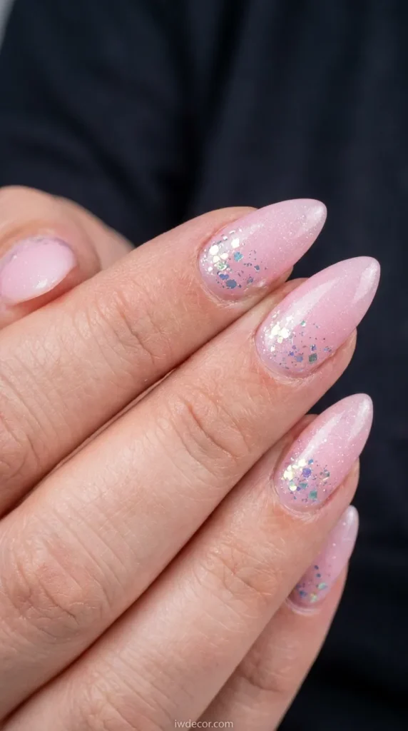 Iridescent Baby Pink Glitter Stiletto Nails