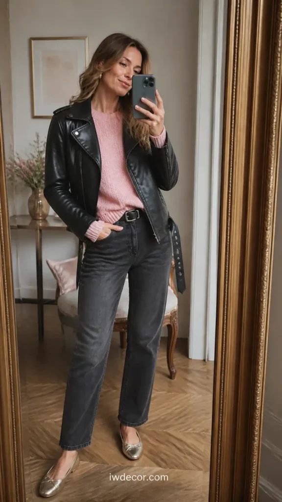 Leather Jacket & Ballet Flats