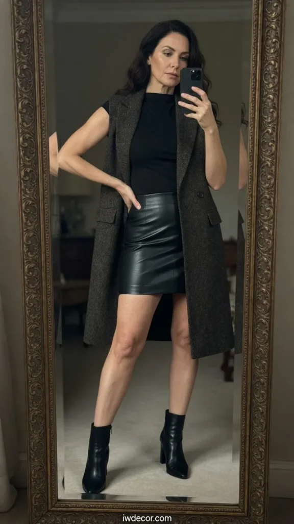 Longline Vest & Leather Miniskirt