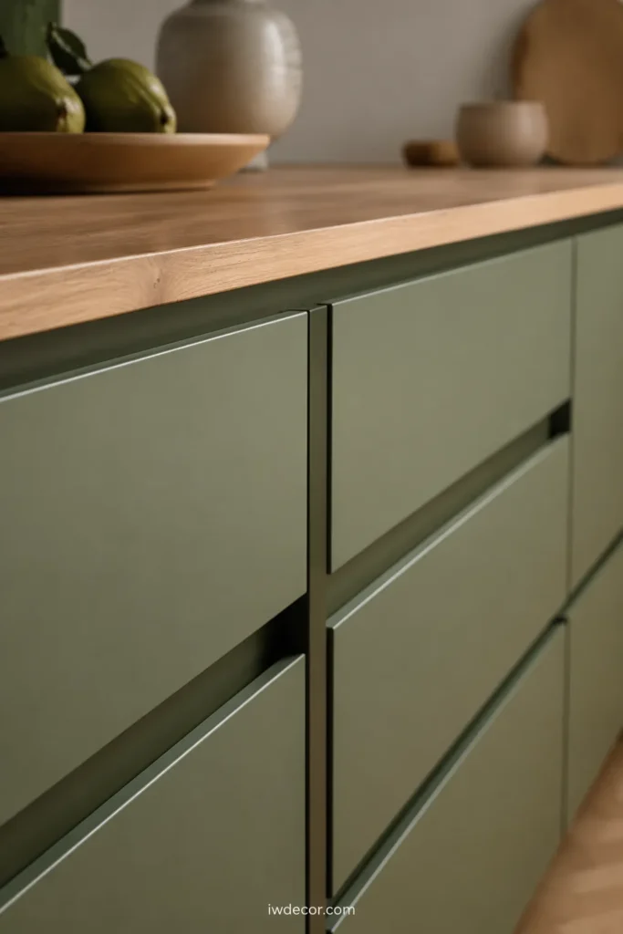 Minimalist Green Kitchen with Natural Timber Finishes