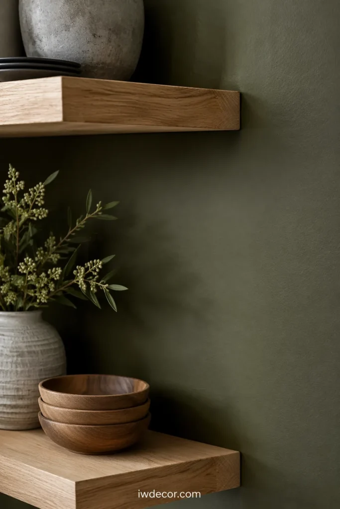 Moss Green Walls and Blonde Wood Floating Shelves