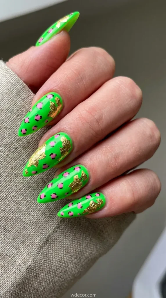 Neon Green and Pink Leopard Stiletto Nails