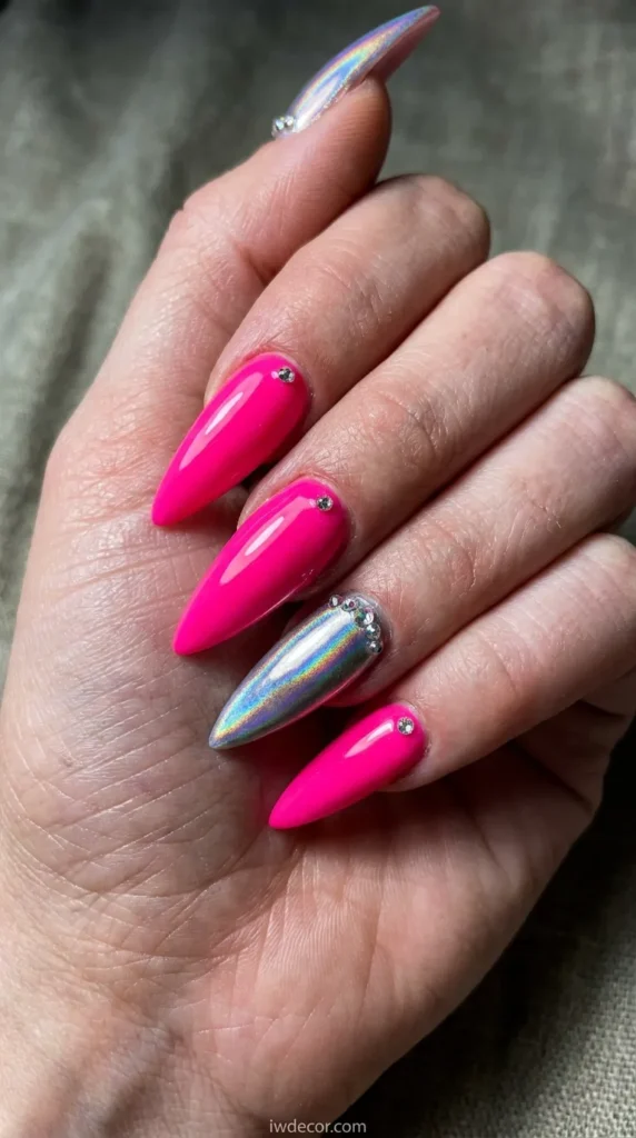 Neon Pink Chrome Accent Stiletto Nails