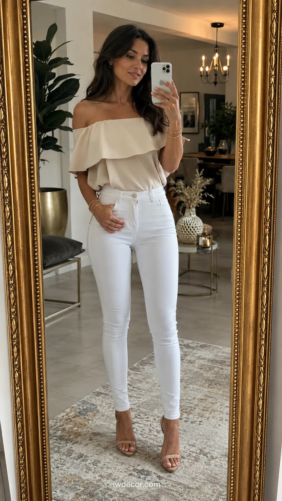 Off-the-Shoulder Top & White Skinnies