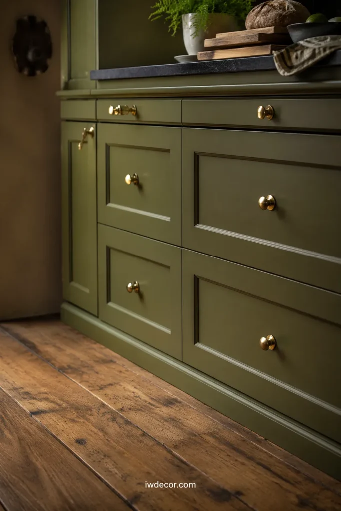 Olive Green Kitchen with Rustic Wood Flooring