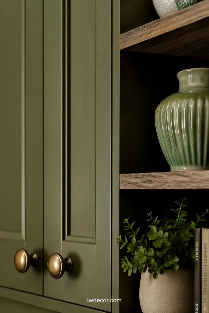 Olive Green Kitchen with Rustic Wood Shelving