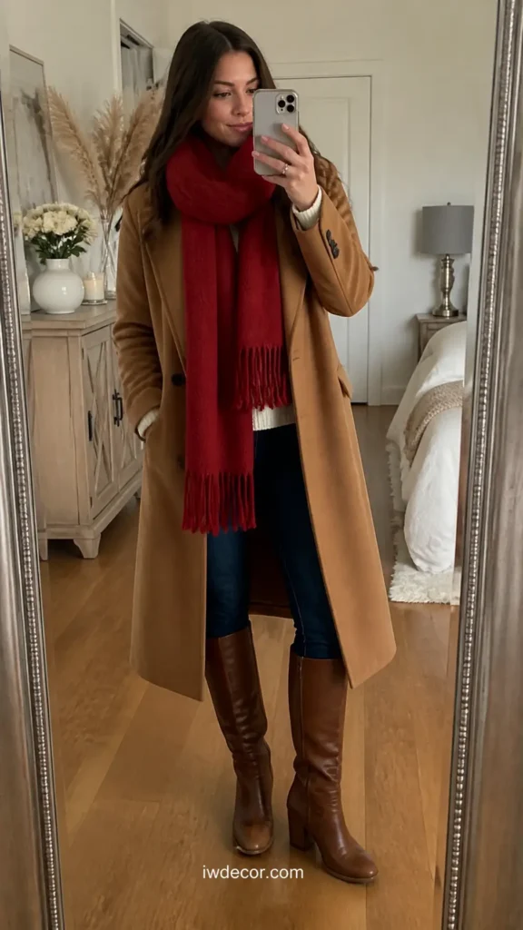Oversized Red Scarf with a Camel Coat
