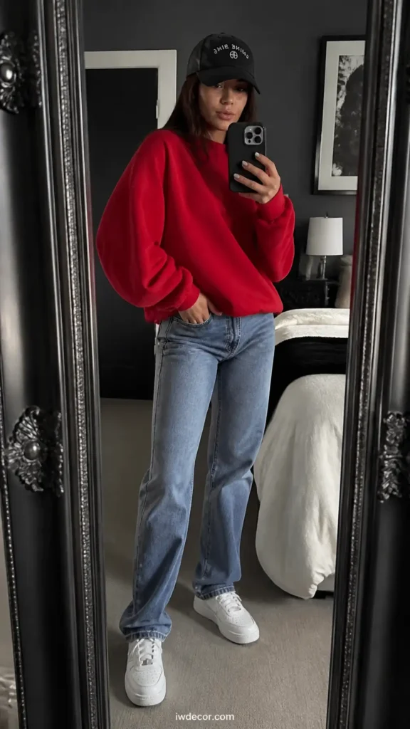 Oversized Red Sweatshirt with Classic Blue Jeans