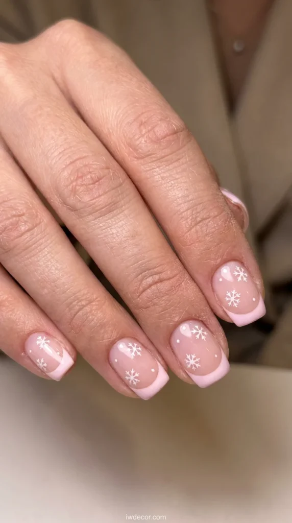 Pale Pink French with Tiny Snowflakes