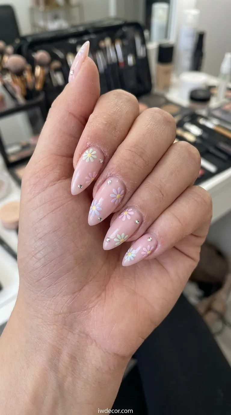 Pink Daisy Rhinestone Stiletto Nails