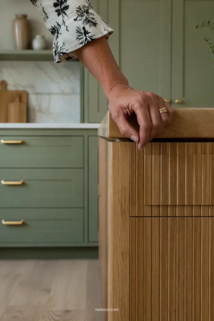 Pistachio Green Kitchen with Natural Wood Island