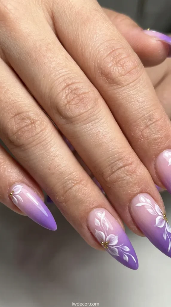 Purple Ombre Floral Stiletto Nails